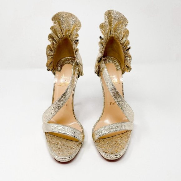 Christian Louboutin Colankle Gold Foil Leather Ruffle Strapped Heels Pumps 37.5 - Picture 6 of 16